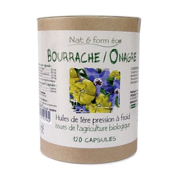 Nat & Form Eco responsable Huiles de Bourrache et Onagre bio + Vitamine E 120 capsules